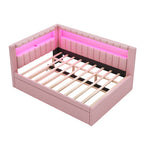 Pink Upholstered Full Size Platform Bed with USB Ports, LED Belt and Trundle - Linen Cover Wood Frame