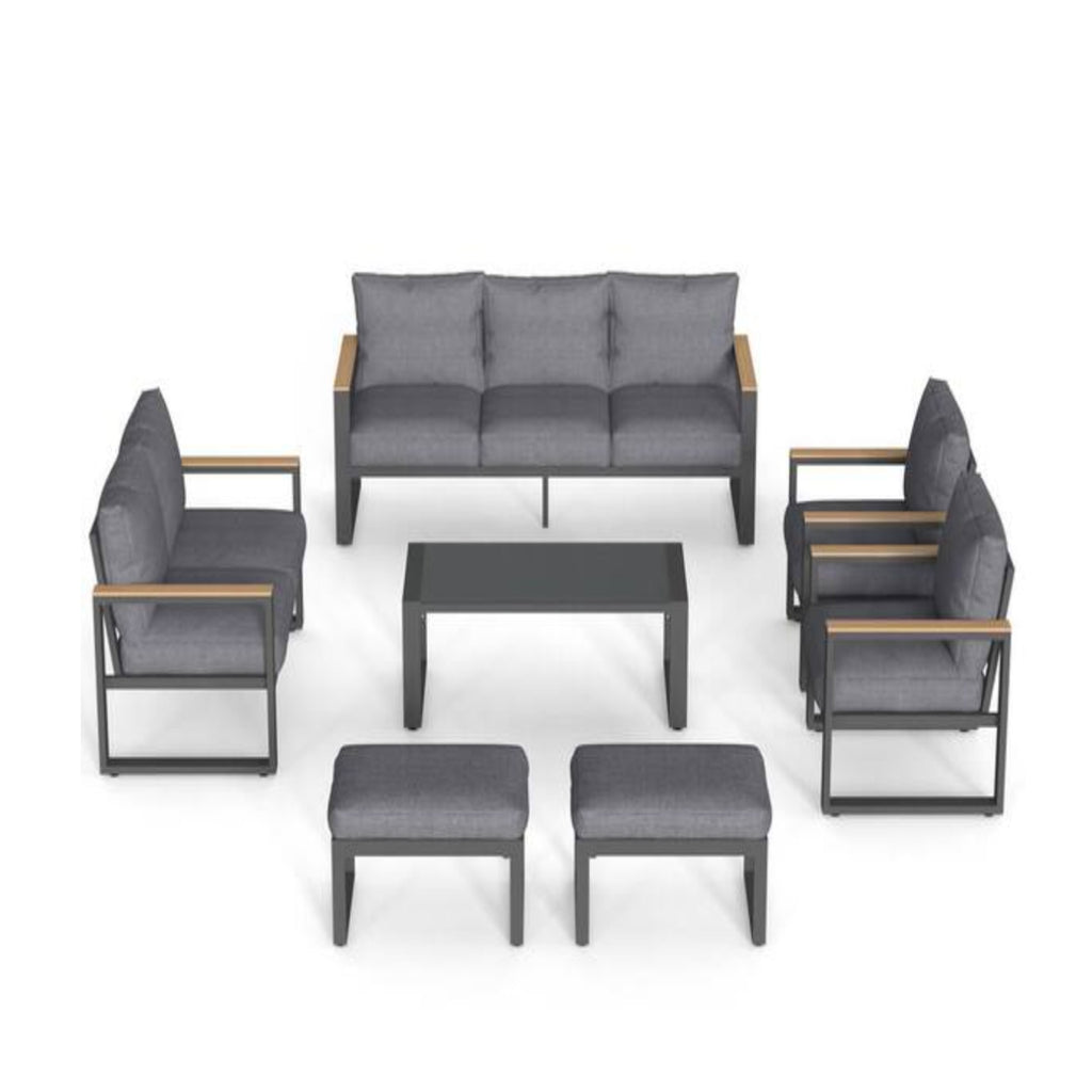 All-Weather 7-Piece Ultra Aluminum Patio Furniture Set with 10-Inch Thick Gray Cushions, Glass Table and Ottoman in Gray Aluminum Frame