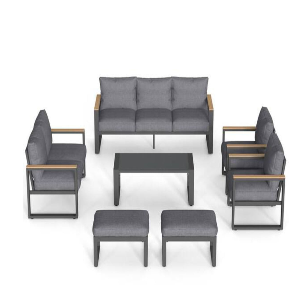 All-Weather 7-Piece Ultra Aluminum Patio Furniture Set with 10-Inch Thick Gray Cushions, Glass Table and Ottoman in Gray Aluminum Frame