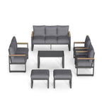 All-Weather 7-Piece Ultra Aluminum Patio Furniture Set with 10-Inch Thick Gray Cushions, Glass Table and Ottoman in Gray Aluminum Frame