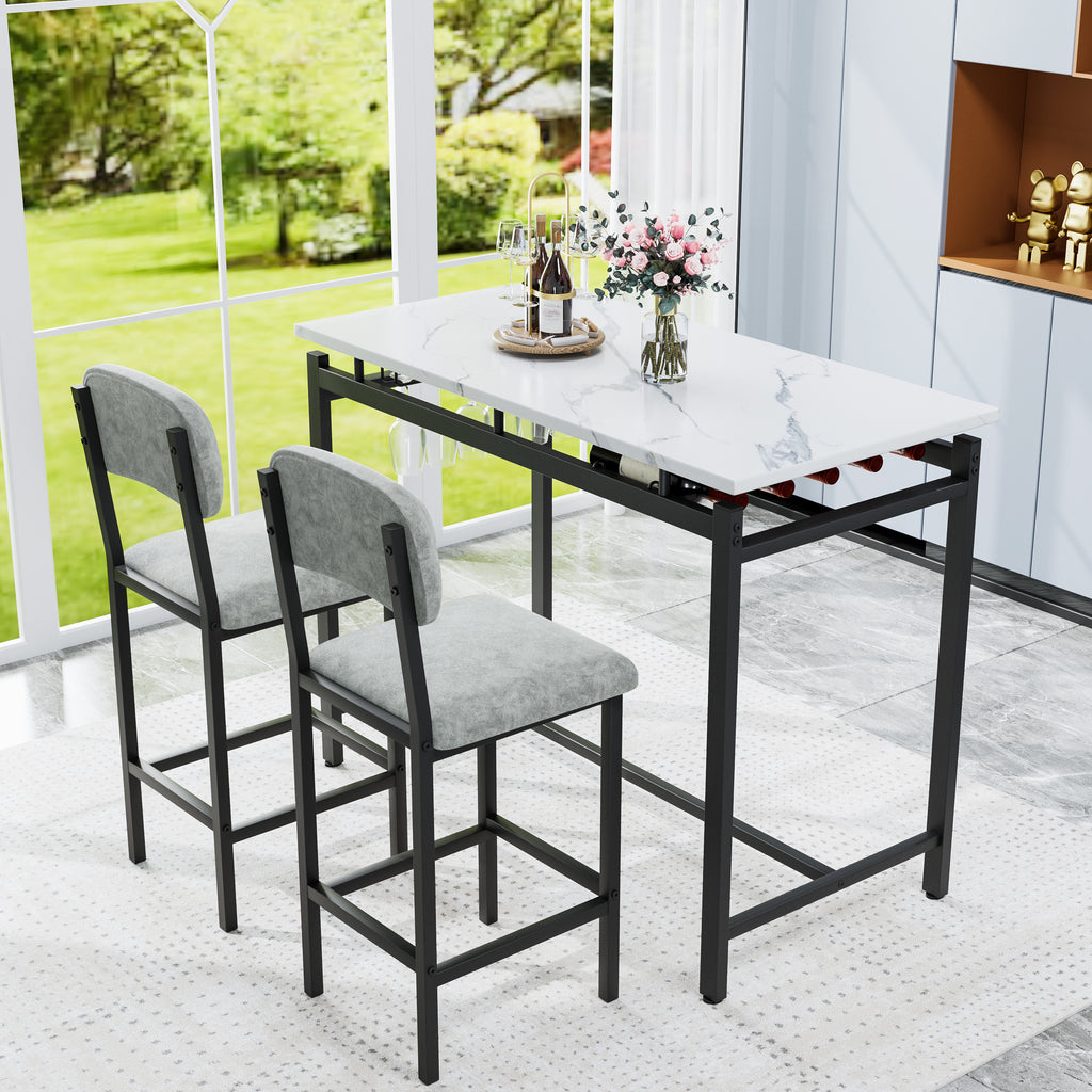 Modern Dining Table and Chairs for 2, Marble Finishes Dining Table Set with 2 Upholstered Chairs, Kitchen Table Set Bar Pub Set for Breakfast Nook, Dining Room, Rustic Black, Grey Chair