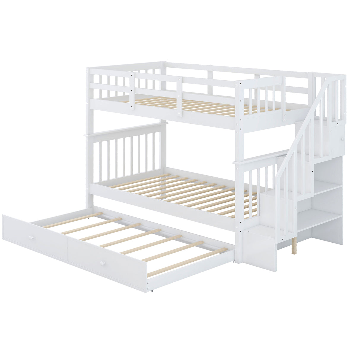 Twin over Twin Bunk Bed with Stairway and Trundle, White
