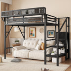 Twin Size Loft Bed with Stairs, Metal  Loft Bed with Storage Shelves, High Loft Bed with Wardrobe for Kids Teens, Black(OLD SKU W2580S00035 )