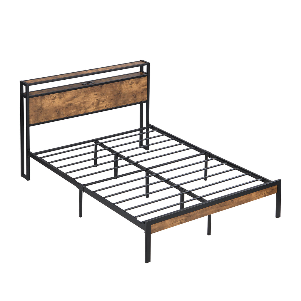 Modern King Size Metal Platform Bed Frame with Wooden Headboard and Footboard, USB Interface, No Box Spring Needed, Black Brown