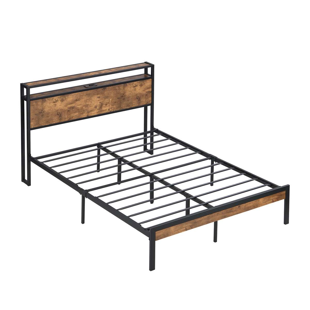 Modern Full Size Metal Platform Bed Frame with Wooden Headboard and Footboard, USB Liner, Large Under Bed Storage, Black and Brown