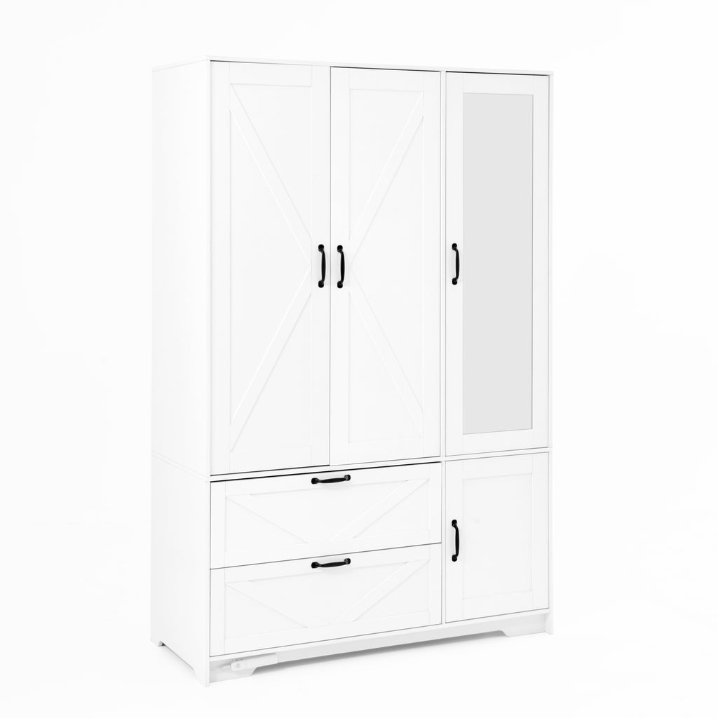 4 Doors Wardrobe Closet with Mirror, LED Wardrobe with Doors and 2 Drawers, Wooden Wardrobe Storage Cabinet with Hanging Rod, Adjustable Shelves, White