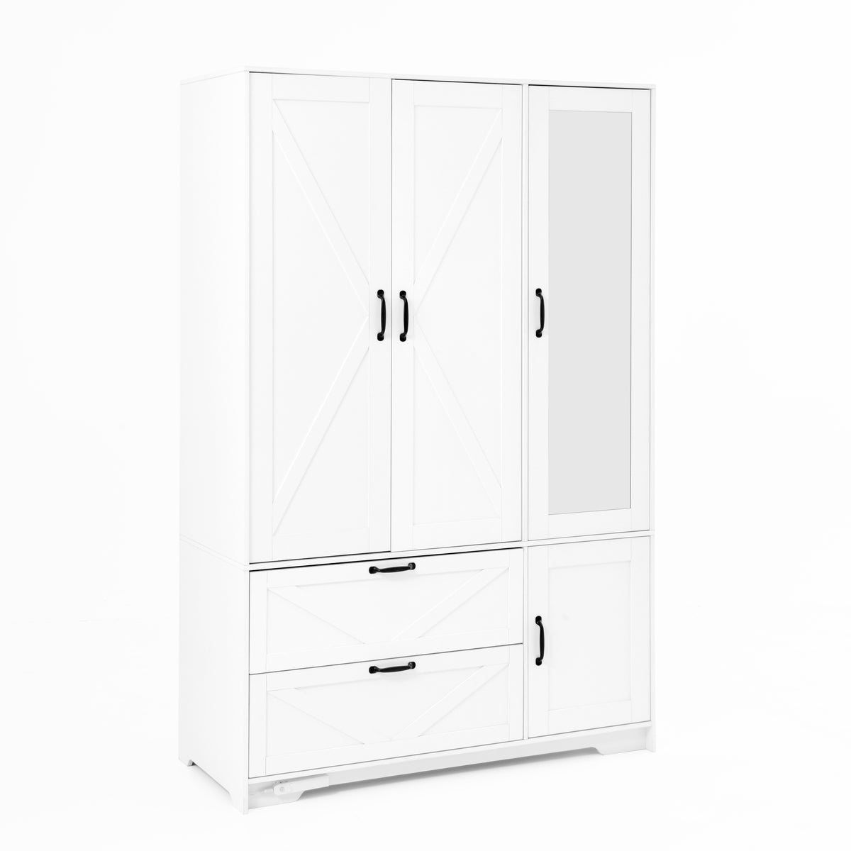 4 Doors Wardrobe Closet with Mirror, LED Wardrobe with Doors and 2 Drawers, Wooden Wardrobe Storage Cabinet with Hanging Rod, Adjustable Shelves, White