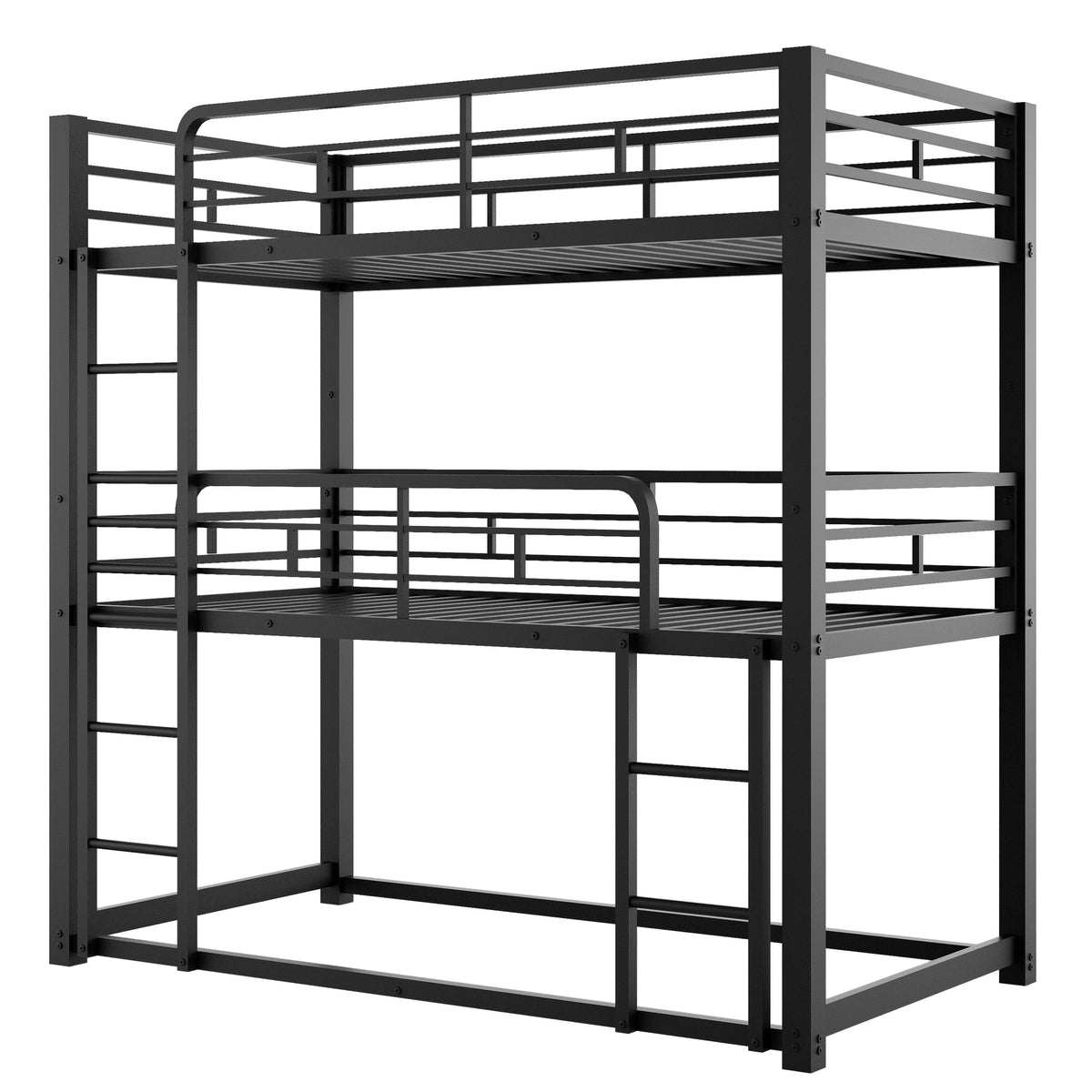 Metal Twin Size Triple Bunk Bed, Black - Sturdy 3-Bed Stack with Dual Ladders, Heavy-Duty Steel Frame, Space-Saving Design