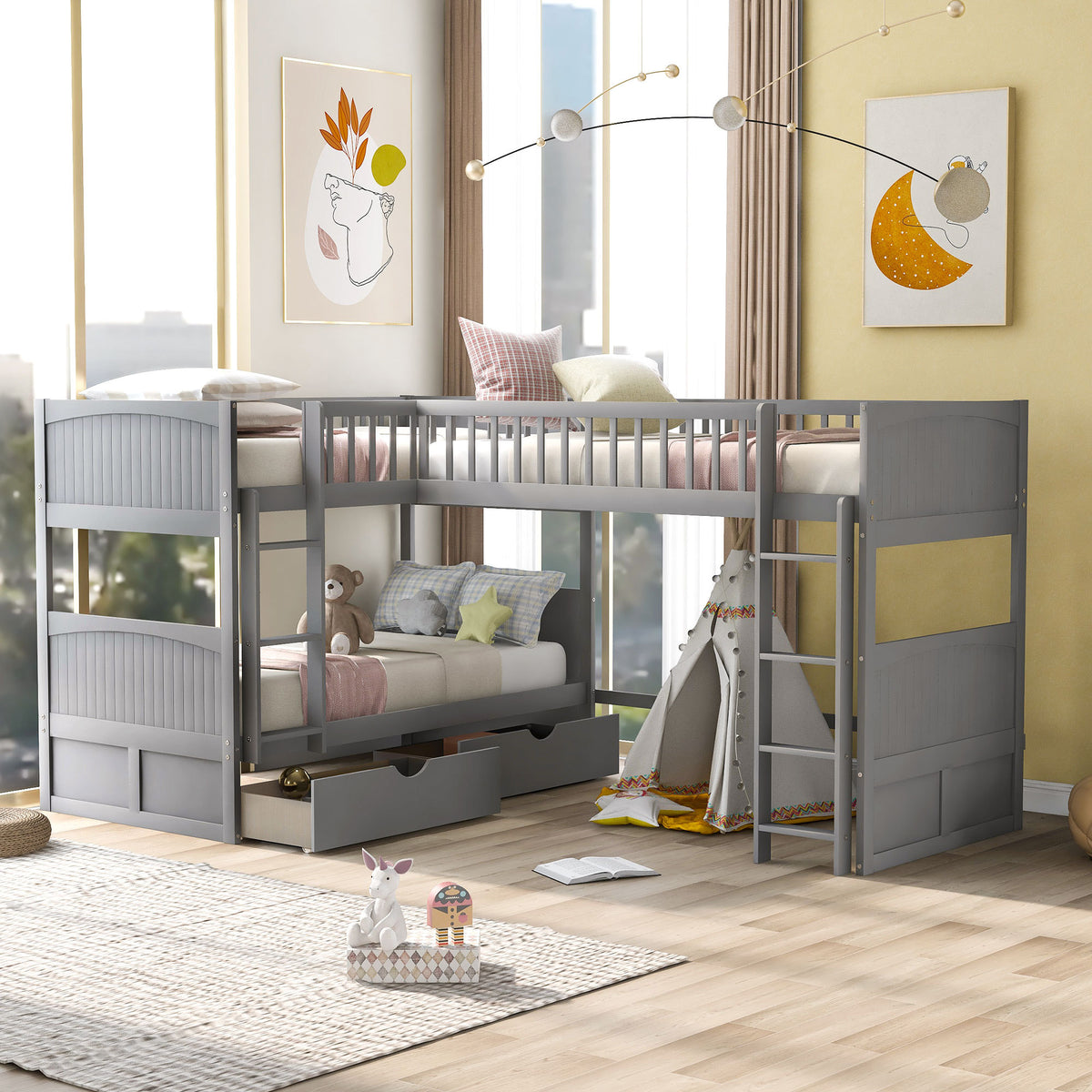 Gray Twin Size Bunk Bed with Loft and Two Drawers, Pine Wood Construction, 118.9''L x 78.7''W x 61.4''H