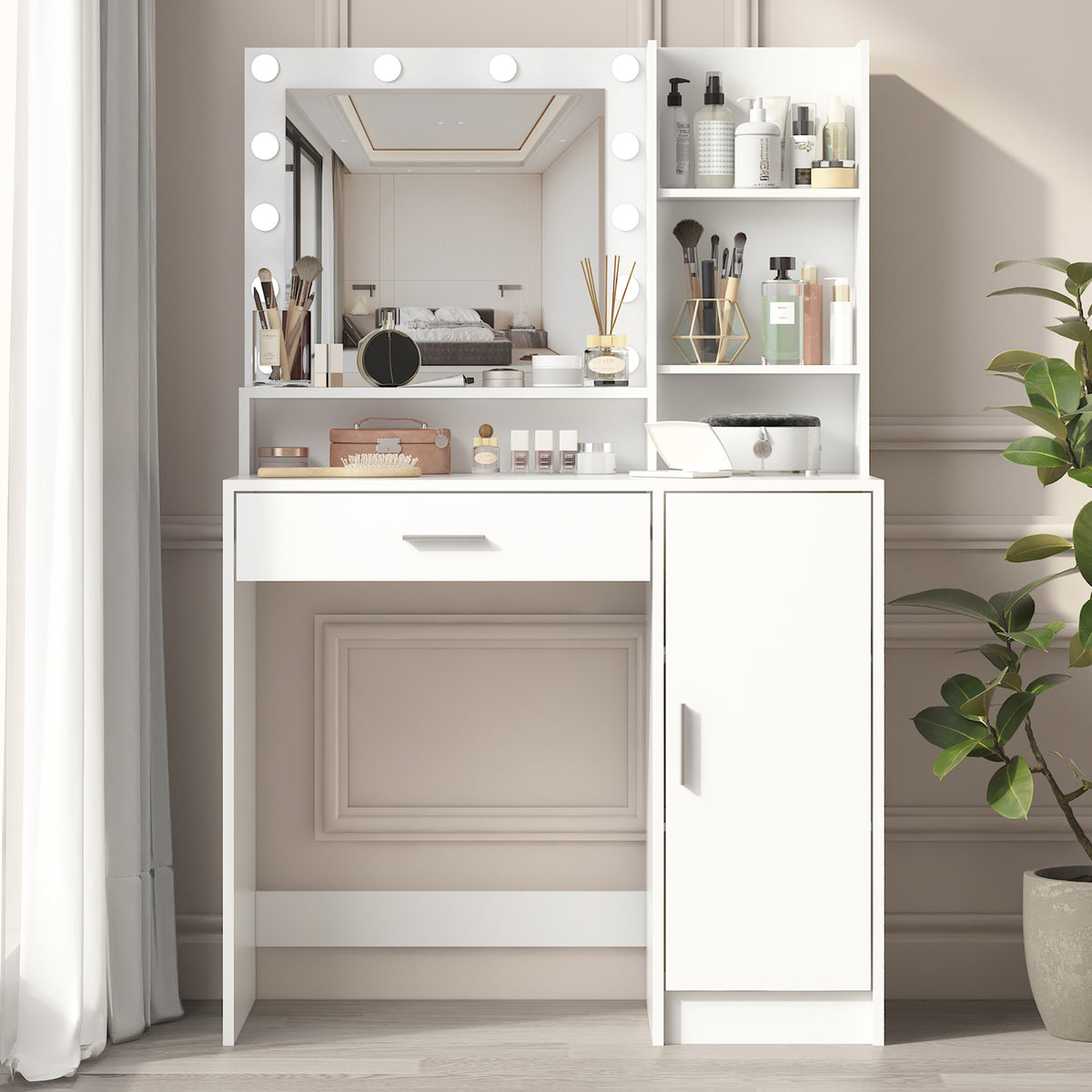 Vanity Desk with Mirror & Light, Large Drawer Three Level Storage Dresser, 3 Lighting Modes Adjustable Brightness, Bedroom Dressing Table(white)