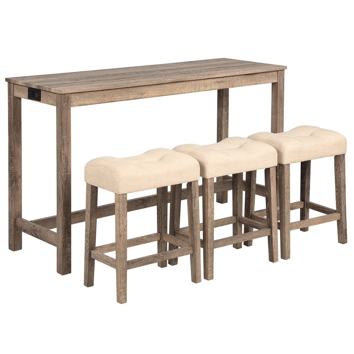 4-Piece Bar Table Set with Power Outlet, Dining Bar Table and Chairs Set, Bar Table Set with 3 Padded Stools for Living Room, Dining Room, Game Room, Brown