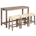 4-Piece Bar Table Set with Power Outlet, Dining Bar Table and Chairs Set, Bar Table Set with 3 Padded Stools for Living Room, Dining Room, Game Room, Brown