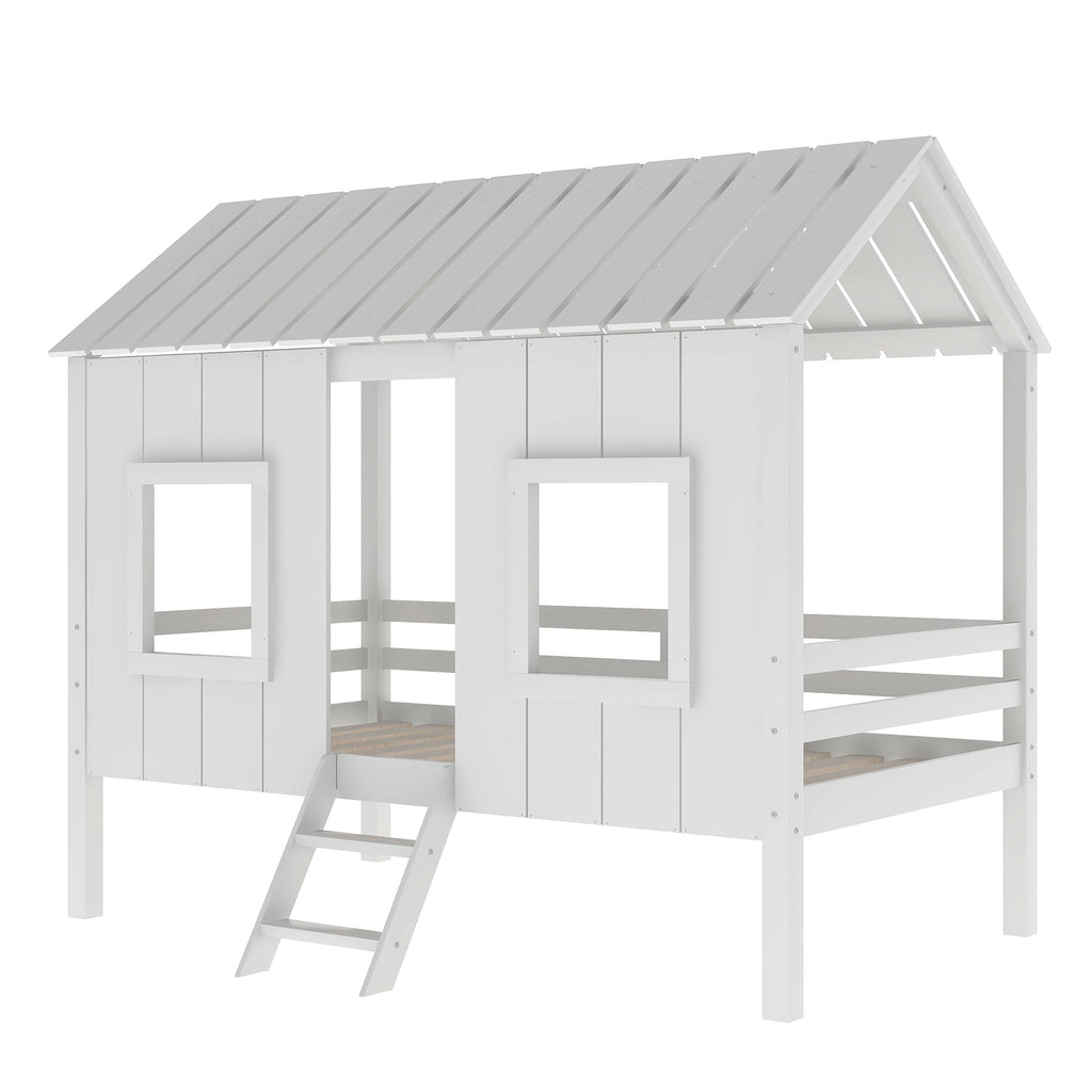 White Twin Size Low Loft House Bed with Roof and Two Front Windows, Pine Wood Frame