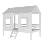 White Twin Size Low Loft House Bed with Roof and Two Front Windows, Pine Wood Frame