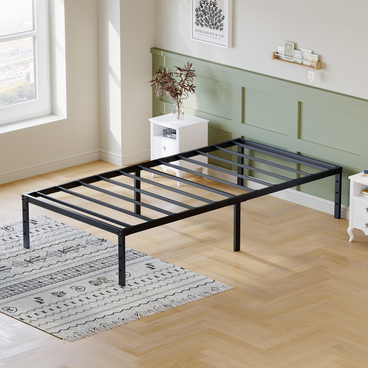 Metal Bed Frame,Size Bed Frame with Storage Space,Heavy Duty Sturdy Mattress Foundation,Easy Assembly, Black