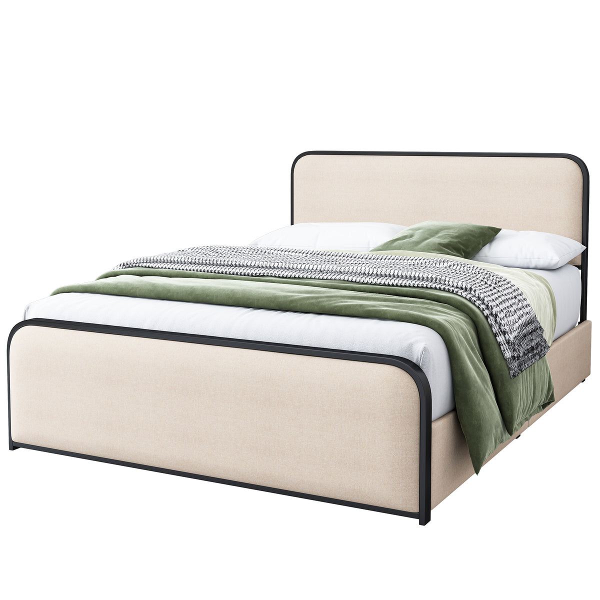 Modern Metal Bed Frame with Curved Upholstered Headboard and Footboard, 4 Storage Drawers, Heavy Duty Metal Slats, Queen Size, Beige