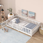 Twin Size Floor Bed with Fence and Door,Rubber Wood Floor Bed with Safety Guardrails,White
