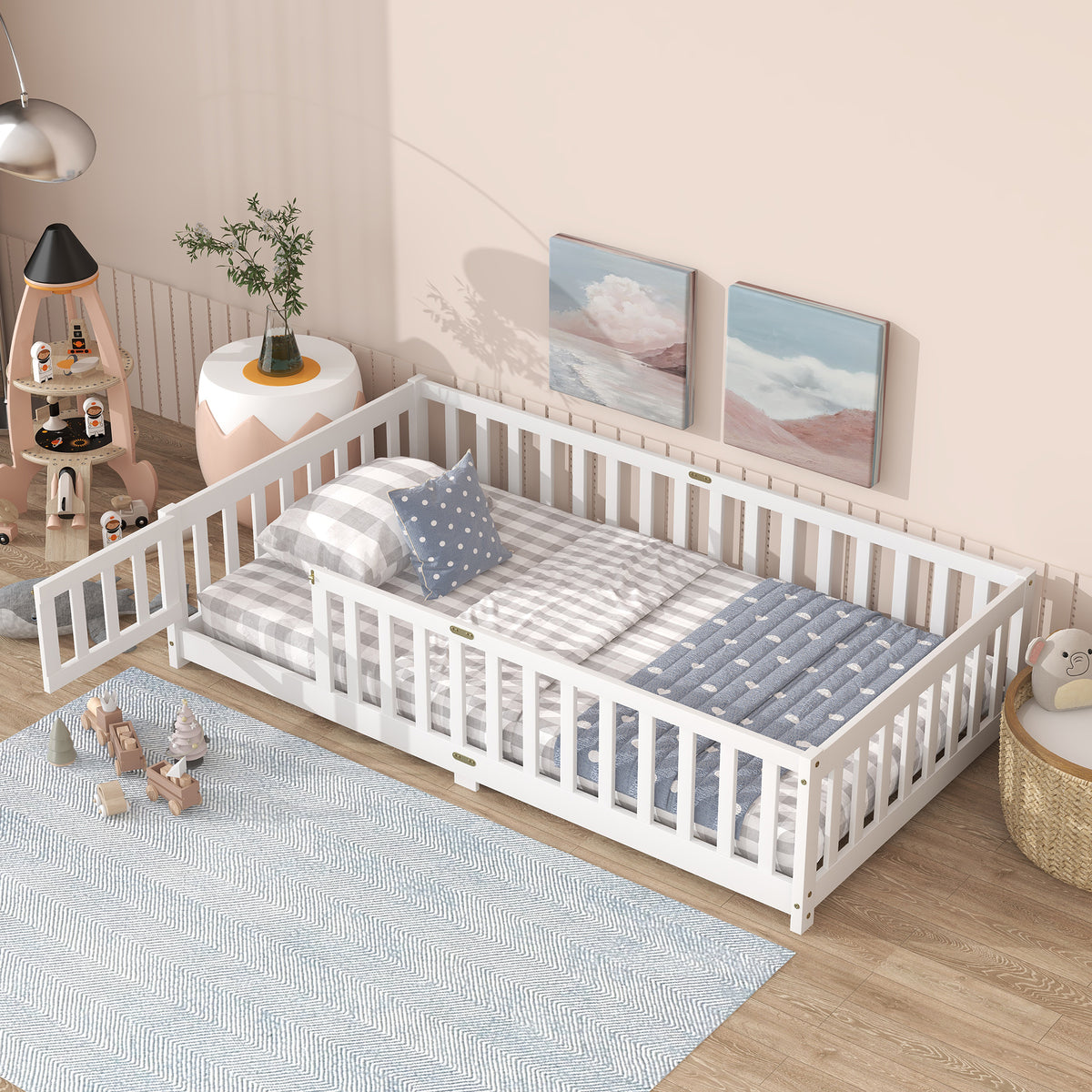 Twin Size Floor Bed with Fence and Door,Rubber Wood Floor Bed with Safety Guardrails,White