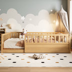 Full Size Floor bed, integral construction with super high security barrier, door, children's floor bed frame, Montessori wooden children's floor bed,Natural(Patented model)