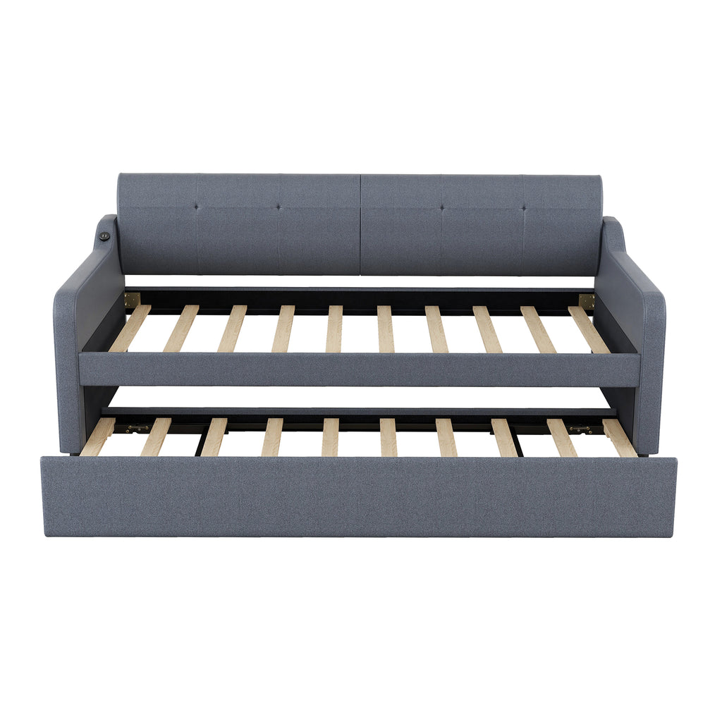 Twin Size Upholstered Daybed with Trundle and USB Charging, Gray Fabric, Pine Wood Frame, 76''L x 39.2''W
