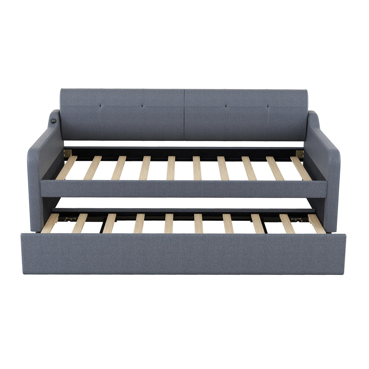 Twin Size Upholstered Daybed with Trundle and USB Charging, Gray Fabric, Pine Wood Frame, 76''L x 39.2''W