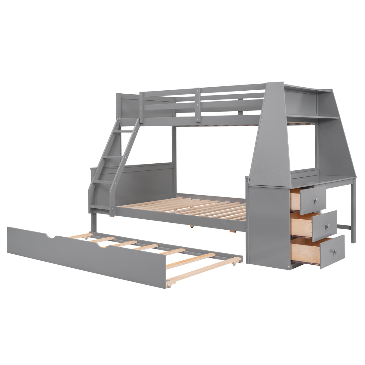 Gray Twin over Full Bunk Bed with Trundle and Built-in Desk, 3 Storage Drawers and Shelf, Pine Wood+MDF