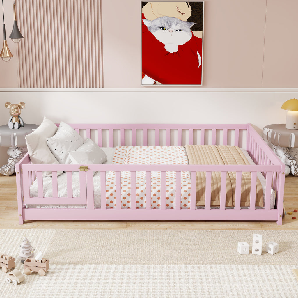 Full Size Floor Bed with Fence and Door,Rubber Wood Floor Bed with Safety Guardrails,Pink