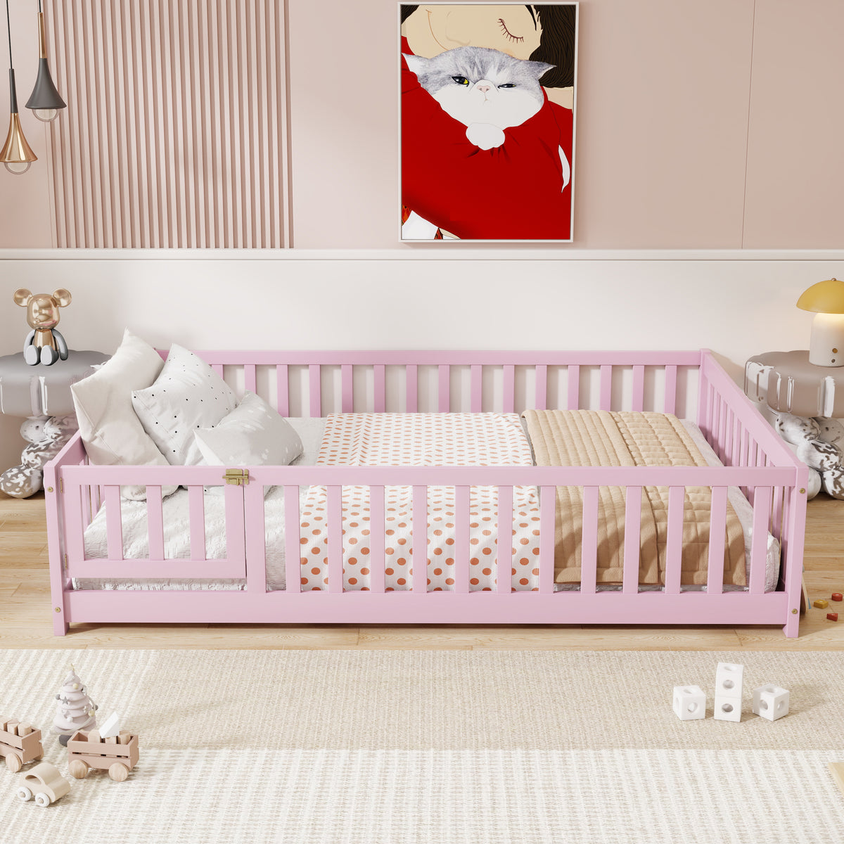 Full Size Floor Bed with Fence and Door,Rubber Wood Floor Bed with Safety Guardrails,Pink