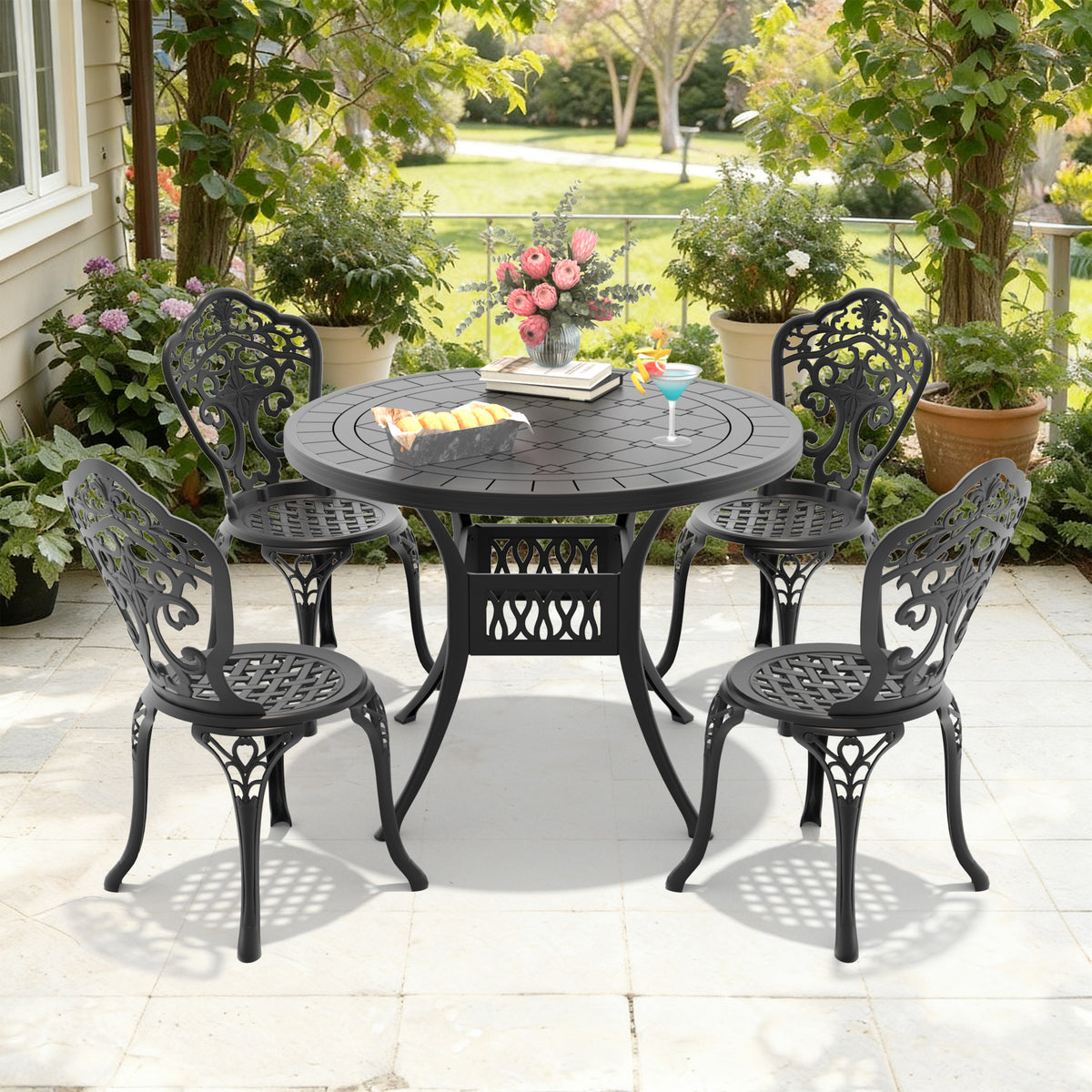 5-Piece Set Of All-Weather Cast Aluminum Dining Furniture Set With Black Frame(same sku: W1710S00517)