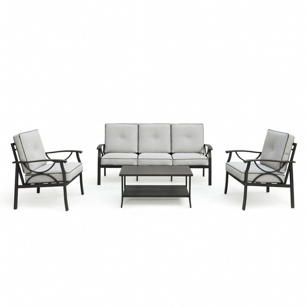 4-Piece Metal Patio Furniture Set with 4-Inch Thick Gray Cushions, Black Frame, Coffee Table for Backyard Garden, All-Weather Conversation Sofa for 5 Seats