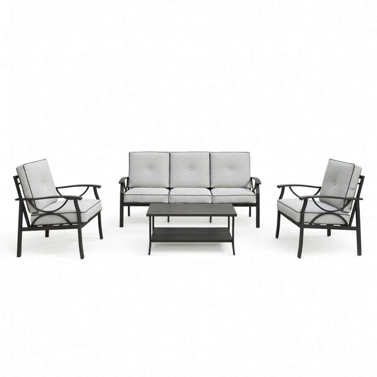 4-Piece Metal Patio Furniture Set with 4-Inch Thick Gray Cushions, Black Frame, Coffee Table for Backyard Garden, All-Weather Conversation Sofa for 5 Seats