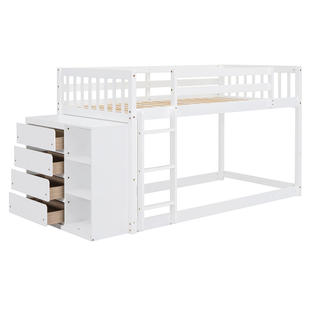 Twin Over Twin Bunk Bed with 4 Drawers and 3 Shelves - White Solid Wood Frame