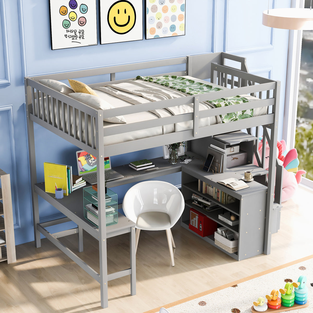 Full Size Loft Bed with Built-in L-Shaped Desk and Three-Tier Storage Shelves, and Attached Storage Staircase, Gray(Old SKU: GX001809AAE)