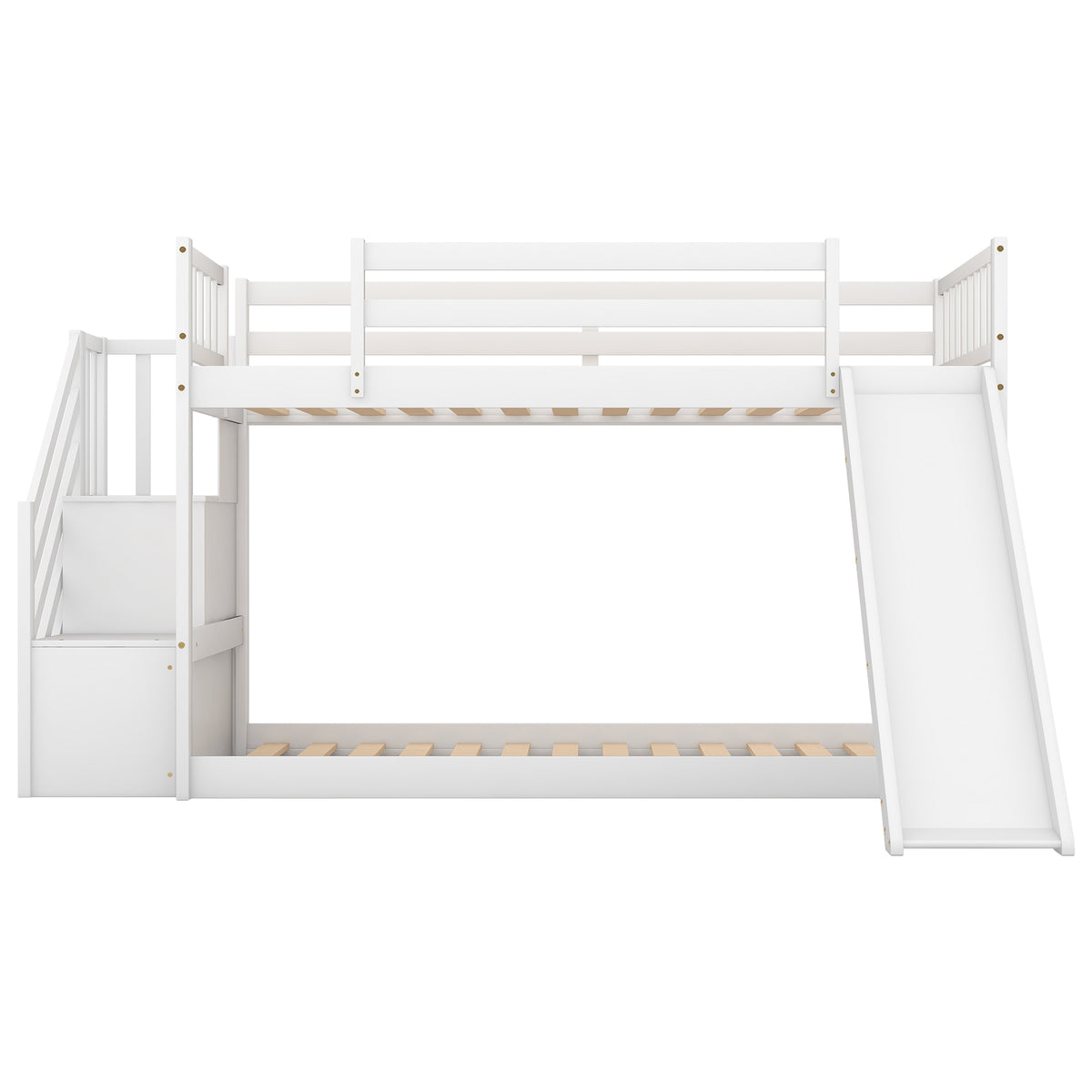 White Twin over Twin Bunk Bed with Convertible Slide and Stairway, Pine Wood and MDF, 92.8''L x 42.3''W x 50.6''H