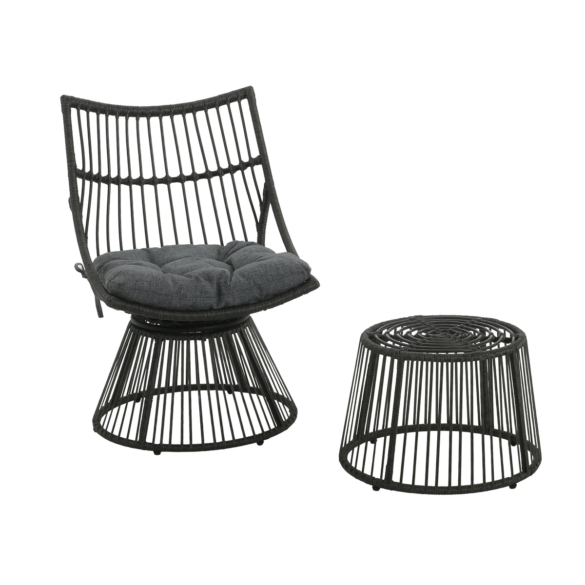 ELAINE Retro Style Chair & Side Table Set with High Back Wicker Design in Grey PE Rattan