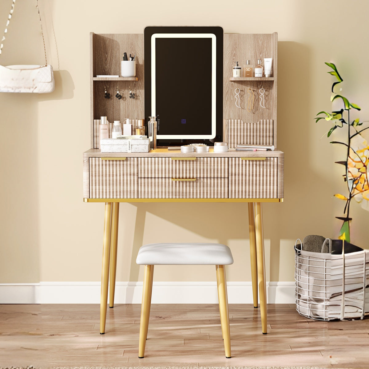 4-Drawer Vanity Desk with LED Mirror & Carved Details, Fluted Makeup Table with Metal Legs and PU Stool, Carved Dressing Table with Jewelry Storage for Bedroom