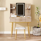 4-Drawer Vanity Desk with LED Mirror & Carved Details, Fluted Makeup Table with Metal Legs and PU Stool, Carved Dressing Table with Jewelry Storage for Bedroom
