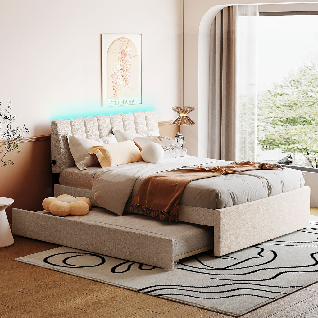 Teddy Fleece Full Size Upholstered Platform Bed with Twin size Trundle, Beige