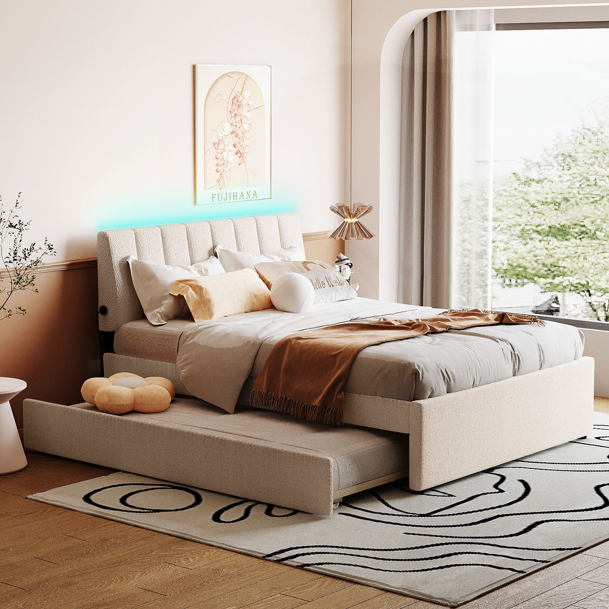 Teddy Fleece Full Size Upholstered Platform Bed with Twin size Trundle, Beige