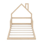 Twin Size Wood Floor Bed with House-shaped Headboard in Natural Finish, Solid Pine Wood+MDF