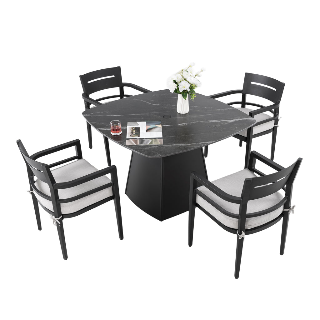 5-Piece Outdoor Pedestal Dining Set, 44' Rounded Square Sintered Stone Table with Flared Base and 4 Armchairs, Sunbrella Cushions, Rust-Free Aluminum, Weather-Resistant, for Patio or Deck