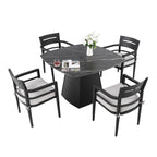 5-Piece Outdoor Pedestal Dining Set, 44' Rounded Square Sintered Stone Table with Flared Base and 4 Armchairs, Sunbrella Cushions, Rust-Free Aluminum, Weather-Resistant, for Patio or Deck