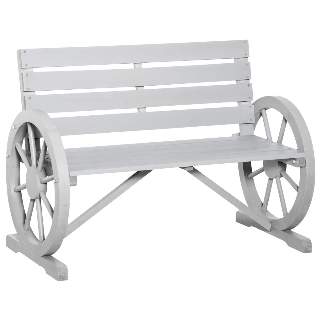 Outsunny 41' Wooden Wagon Wheel Bench, Rustic Outdoor Patio Weather Resistance Furniture, 2-Person Slatted Seat Bench with Backrest, Light Gray