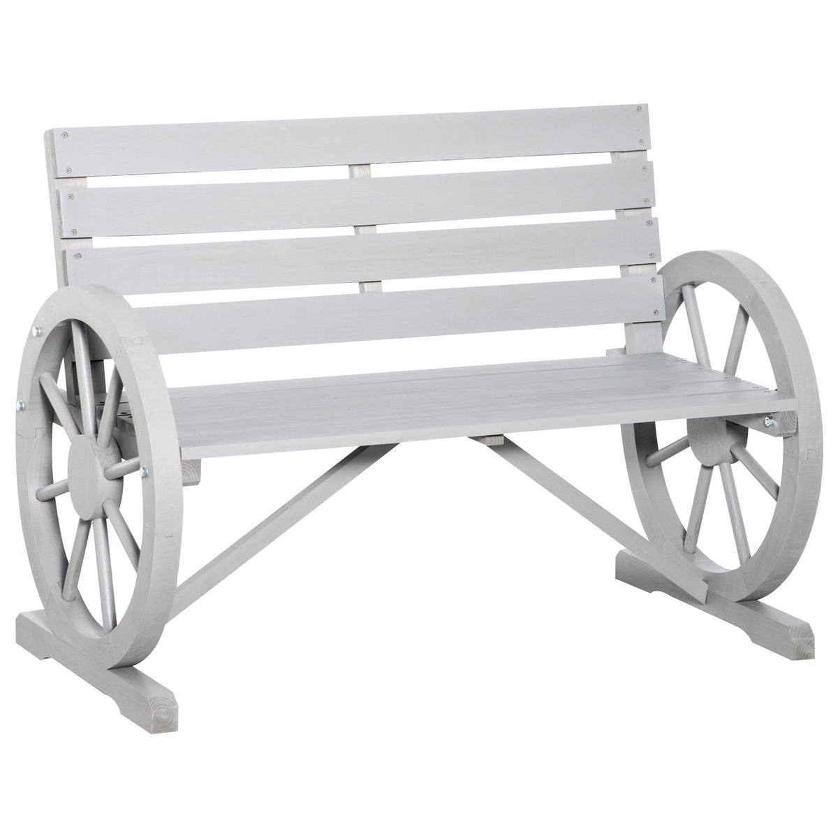 Outsunny 41' Wooden Wagon Wheel Bench, Rustic Outdoor Patio Weather Resistance Furniture, 2-Person Slatted Seat Bench with Backrest, Light Gray