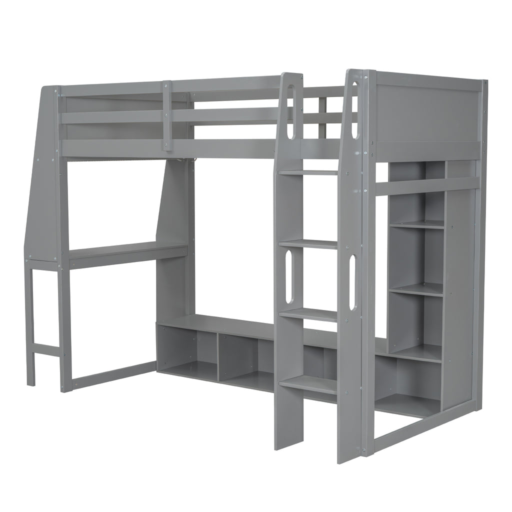 Gray Wood Twin Size Gaming Loft Bed with Desk, Multi-storage Shelves, LED Lighting, and Hanging Clothes Rack