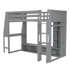 Gray Wood Twin Size Gaming Loft Bed with Desk, Multi-storage Shelves, LED Lighting, and Hanging Clothes Rack