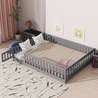 Queen Size Floor Bed with Fence,Door,Rubber Wood Floor Bed with Safety Guardrails,Grey