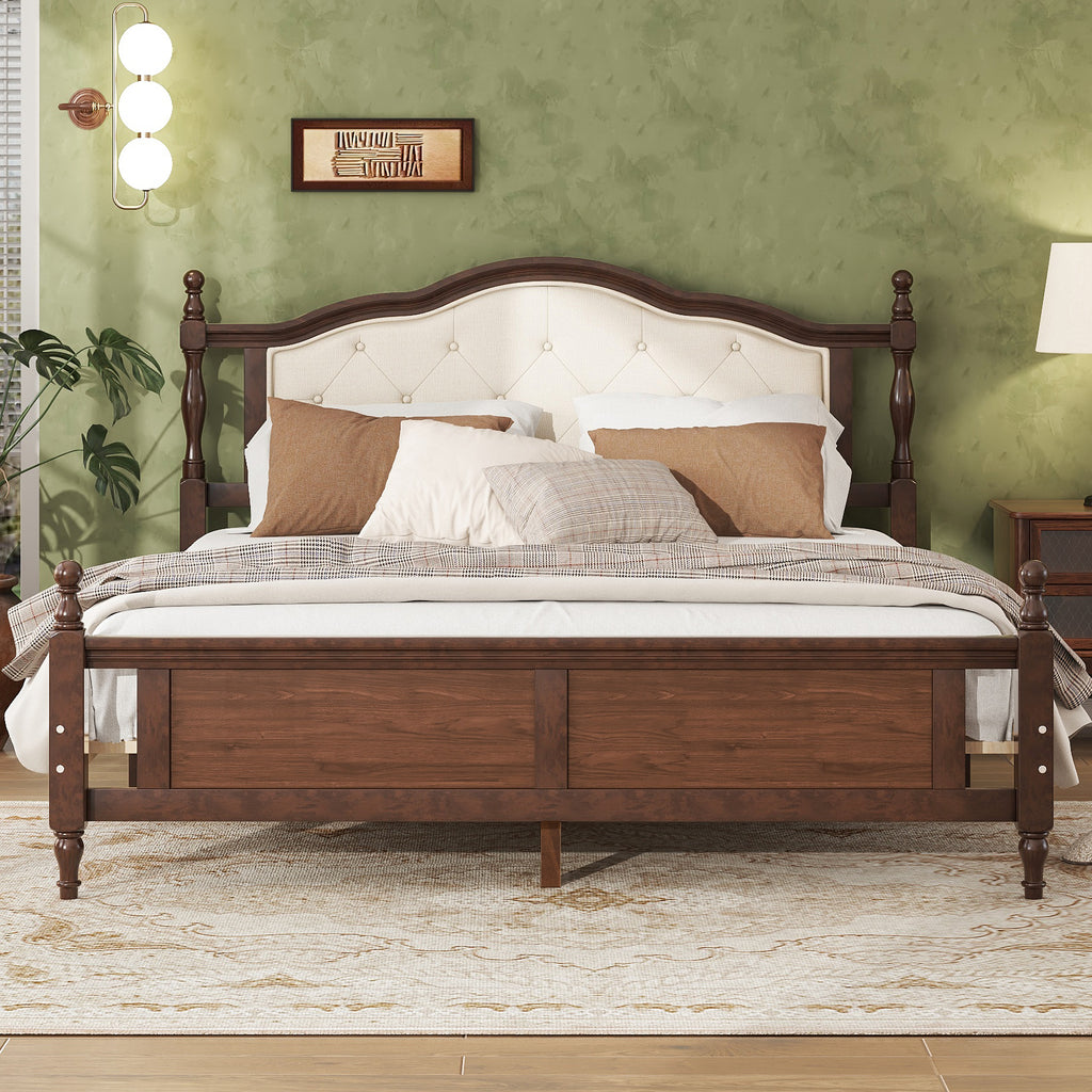 Queen Pine wooden Bed with Upholstered Headboard  and Panel Footboard, with  Two Bed Rail Support Feet and Central Platform Support Feet ,Walnut