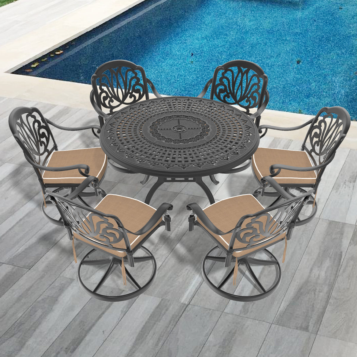 7-Piece All-Weather Cast Aluminum Dining Set, Include 6 Swivel Chairs and 47.24' Round Table With Black Frame (same sku:W1710S00449)