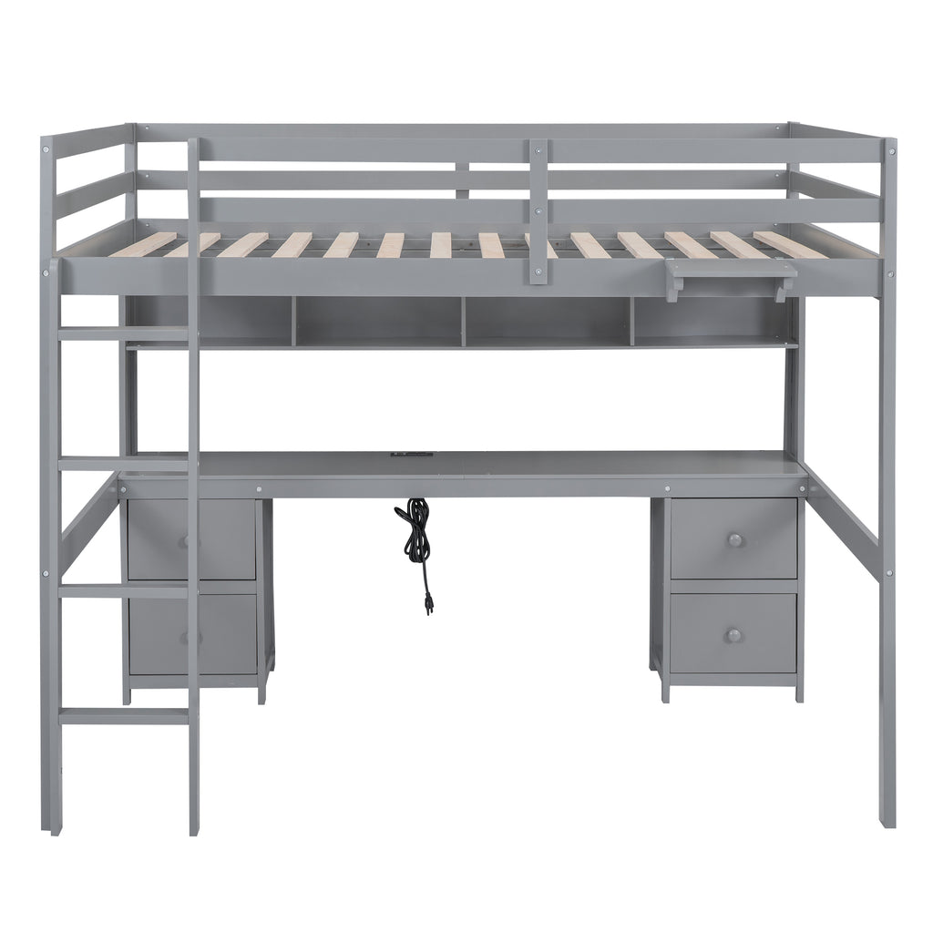 Gray Full Size Loft Bed with Desk, Cabinets, Drawers, Bedside Tray, Charging Station, Pine Wood+MDF